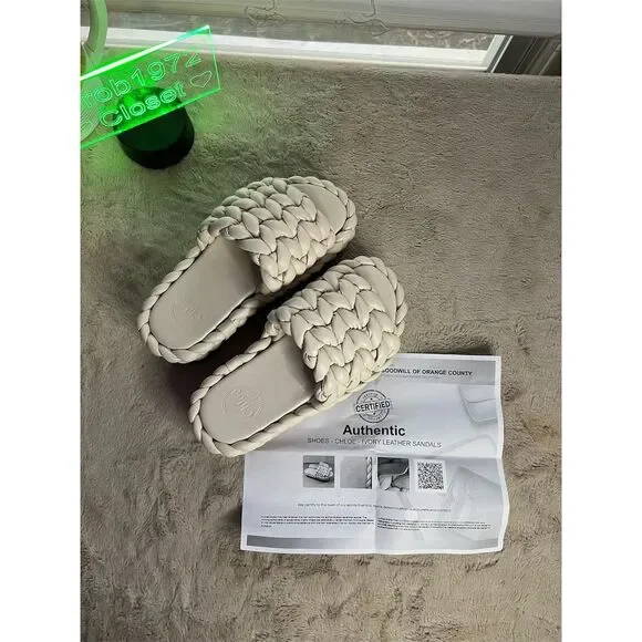 Chloé Women's Ivory Leather Slide Sandals Braided Design Casual Summer s… - Picture 1 of 13